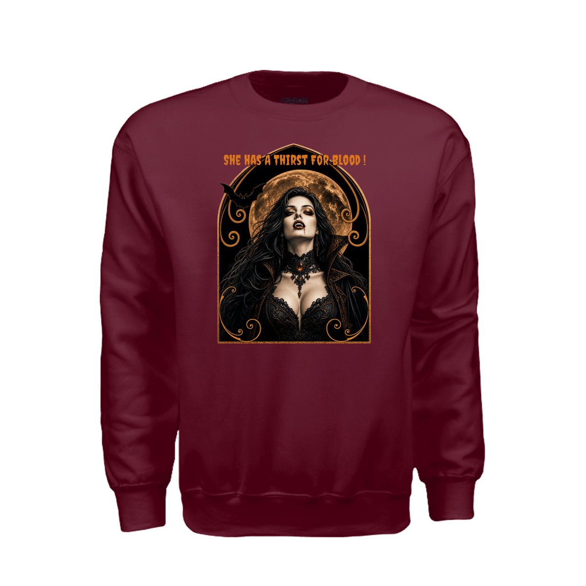 Vamparella Halloween sweatshirt featuring a vampire woman with dripping fangs and the words “she has a thirst for blood”
