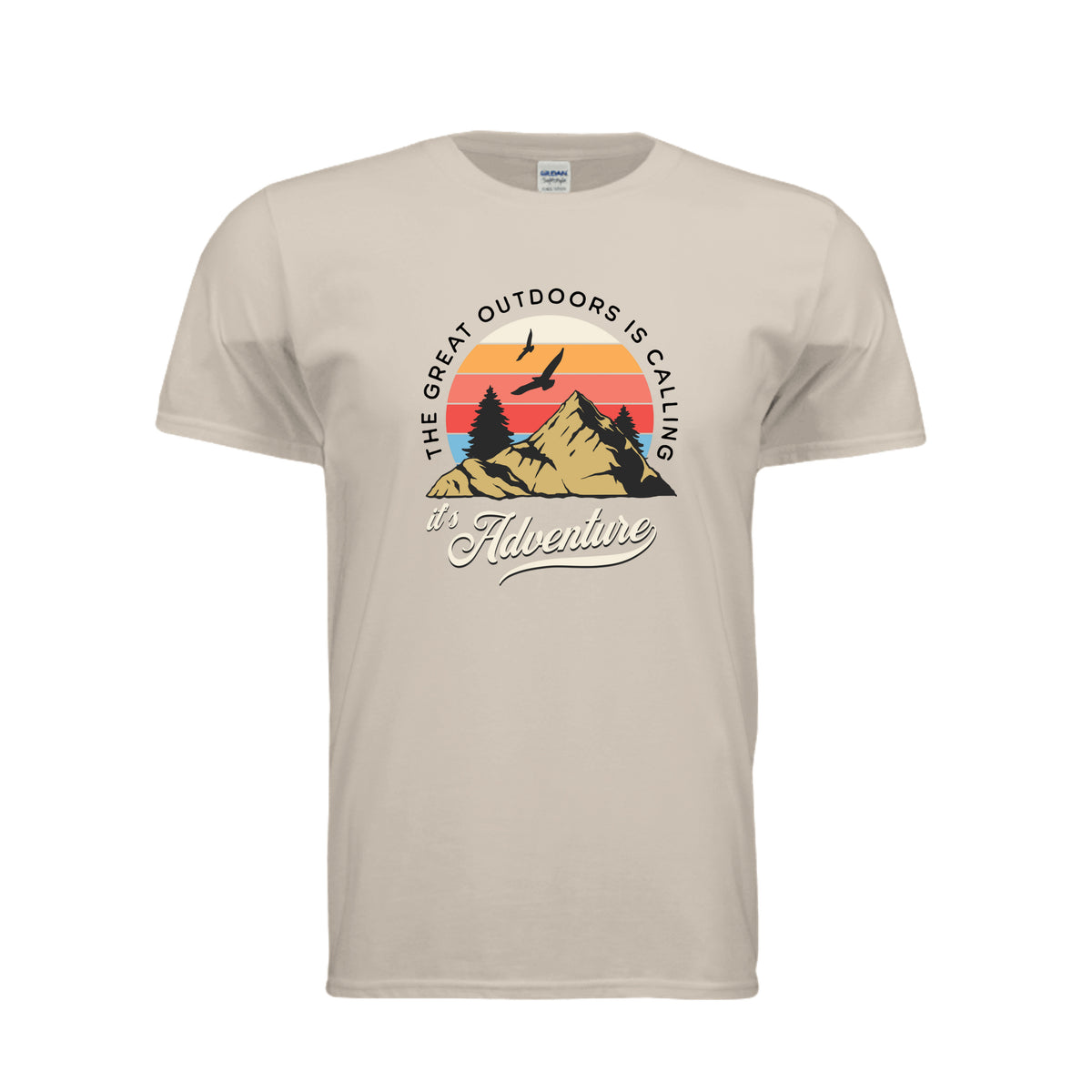 Outdoors Calling adventure tee in sand, front view with "It's Adventure" script graphic