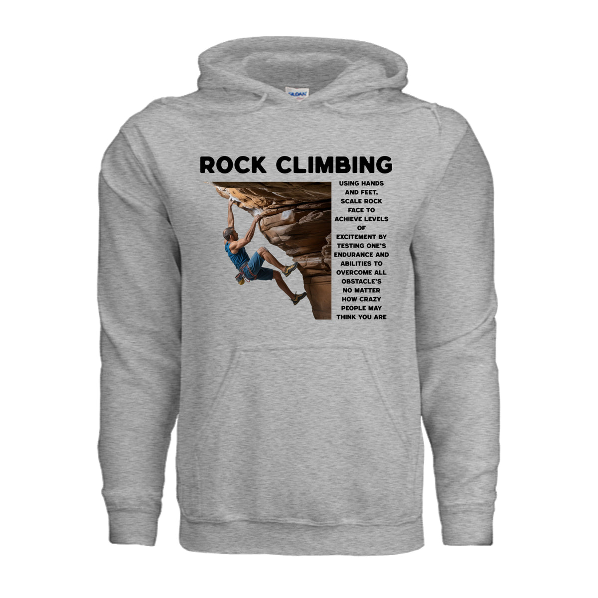 Rock Climber outdoor adventure hoodie in sport grey, front view with Rock Climbing definition graphic