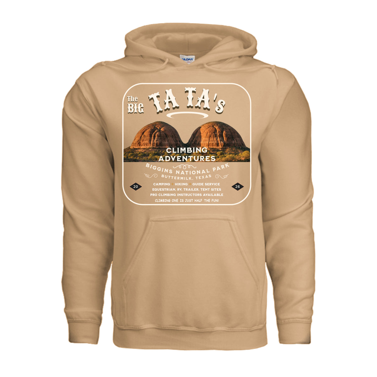 The Big Ta Ta's Rock Climbing Adventures hoodie in old gold, front view with twin-peaks graphic