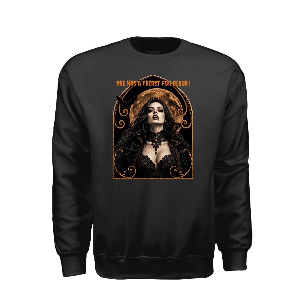 Vamparella Halloween sweatshirt featuring a vampire woman with dripping fangs and the words “she has a thirst for blood”