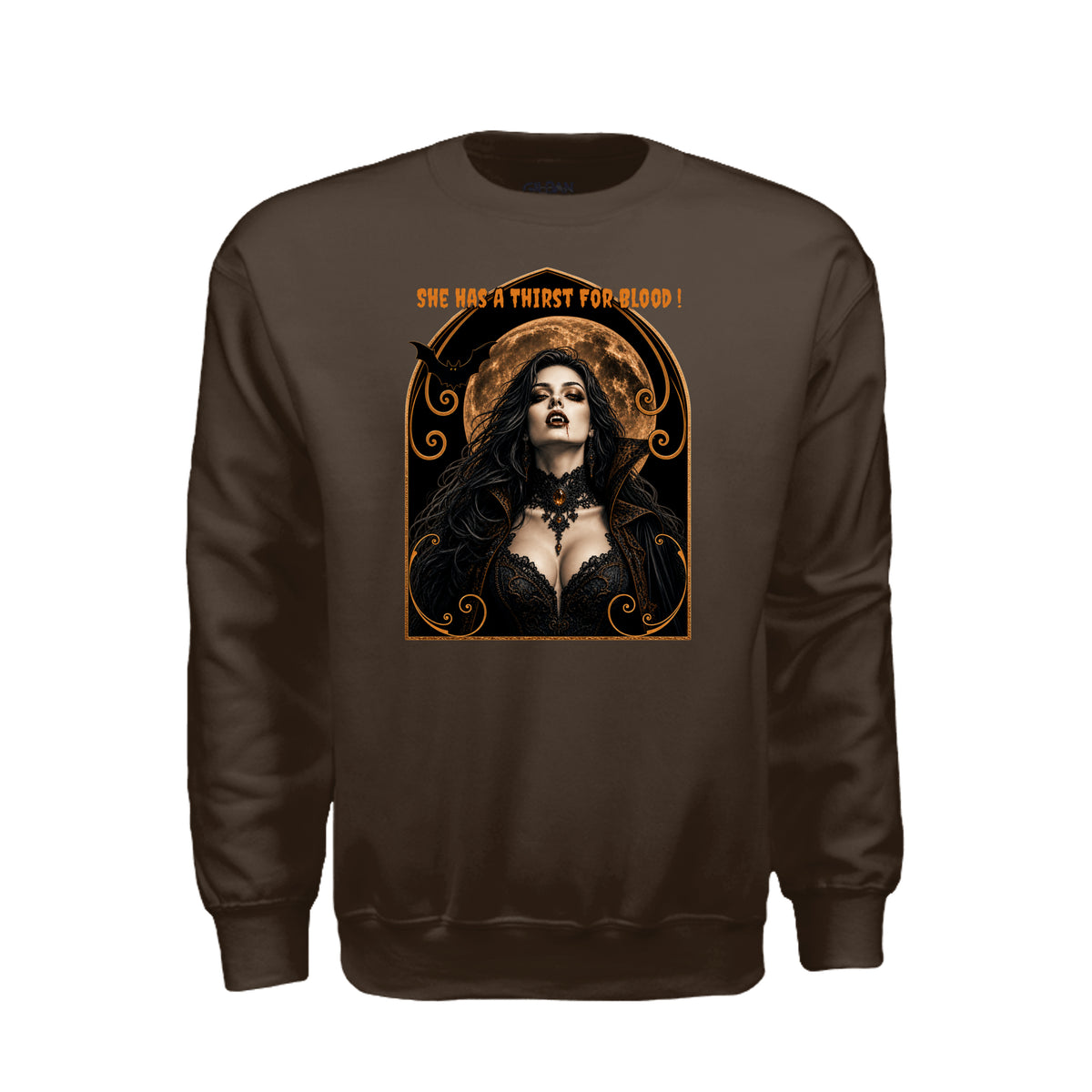 Vamparella Halloween sweatshirt featuring a vampire woman with dripping fangs and the words “she has a thirst for blood”