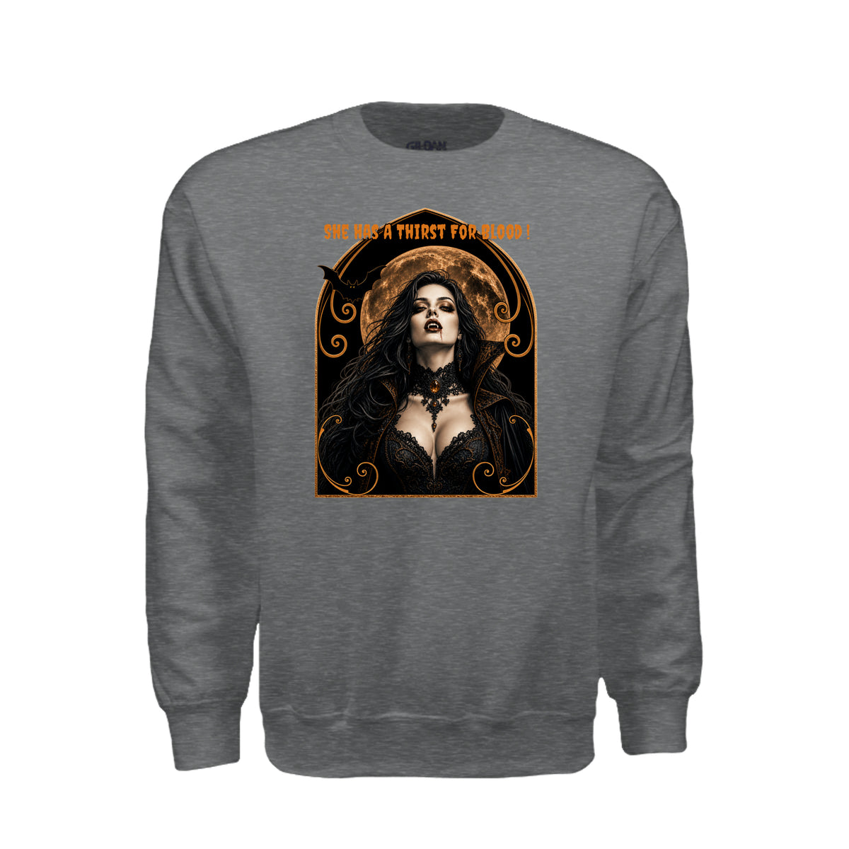 Vamparella Halloween sweatshirt featuring a vampire woman with dripping fangs and the words “she has a thirst for blood”