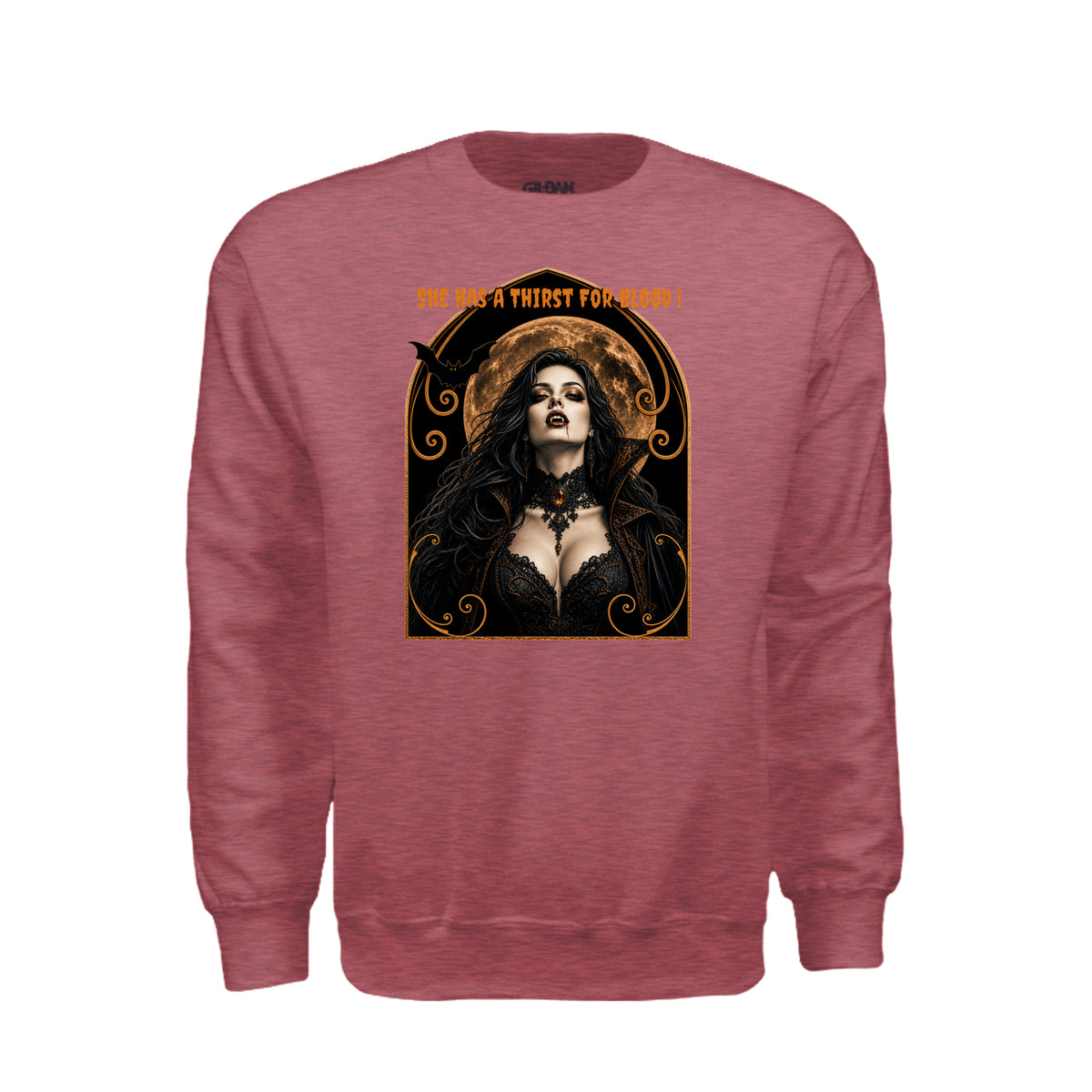 Vamparella Halloween sweatshirt featuring a vampire woman with dripping fangs and the words “she has a thirst for blood”