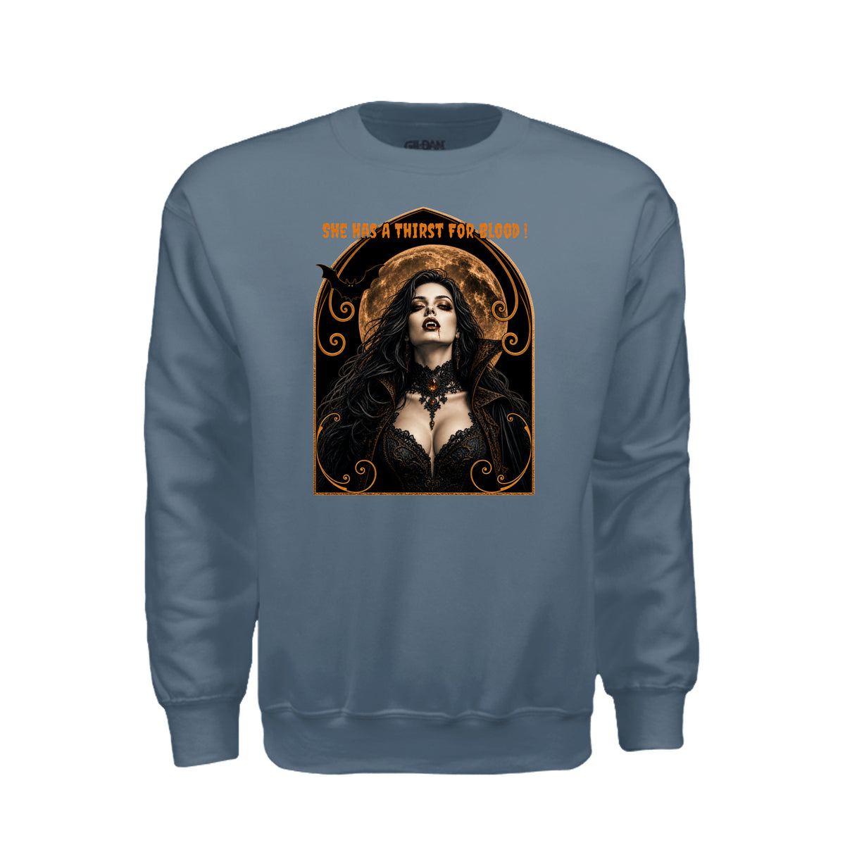 Vamparella Halloween sweatshirt featuring a vampire woman with dripping fangs and the words “she has a thirst for blood”
