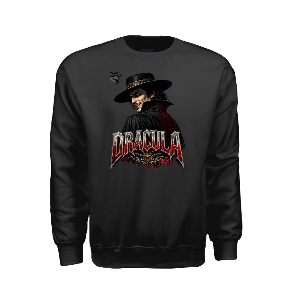 Count Dracula Halloween sweatshirt featuring fangs and an evil eye graphic