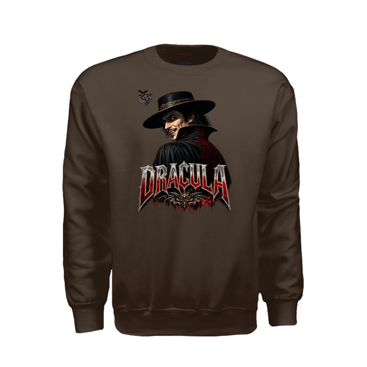 Count Dracula Halloween sweatshirt featuring fangs and an evil eye graphic