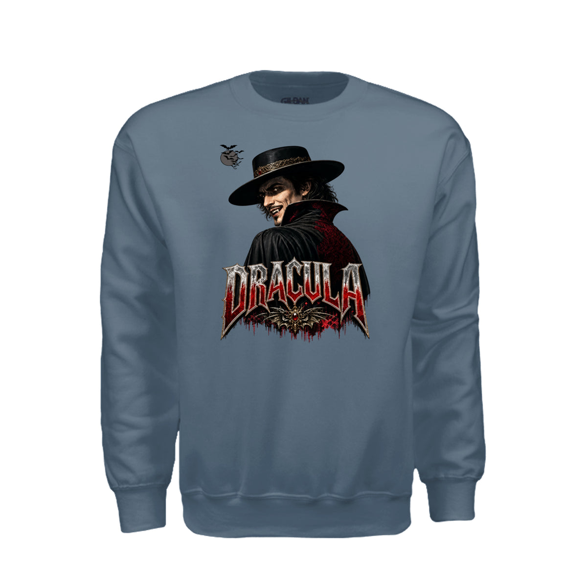 Count Dracula Halloween sweatshirt featuring fangs and an evil eye graphic