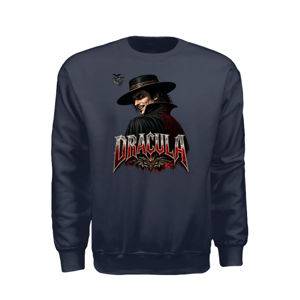 Count Dracula Halloween sweatshirt featuring fangs and an evil eye graphic