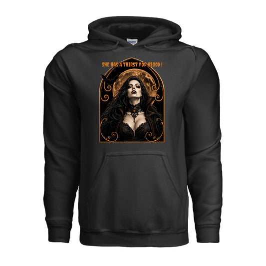 Vamparella Halloween hoodie featuring a vampire woman with dripping fangs and the words “she has a thirst for blood”