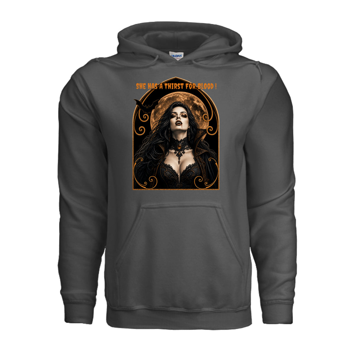 Vamparella Halloween hoodie featuring a vampire woman with dripping fangs and the words “she has a thirst for blood”