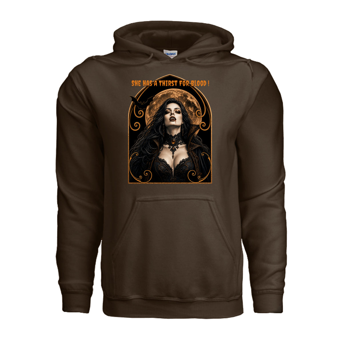 Vamparella Halloween hoodie featuring a vampire woman with dripping fangs and the words “she has a thirst for blood”