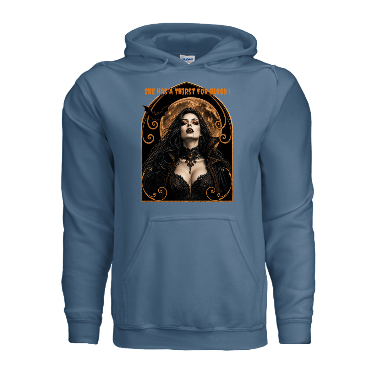 Vamparella Halloween hoodie featuring a vampire woman with dripping fangs and the words “she has a thirst for blood”