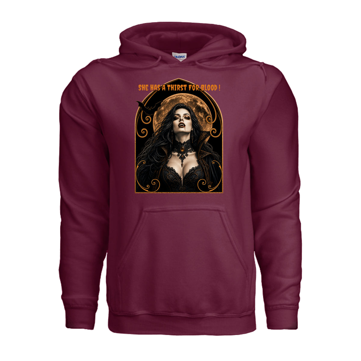 Vamparella Halloween hoodie featuring a vampire woman with dripping fangs and the words “she has a thirst for blood”