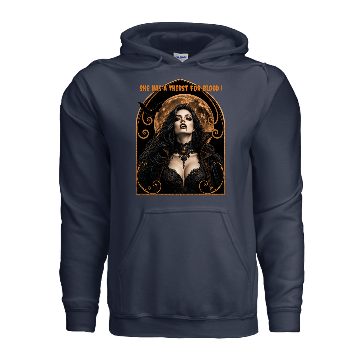 Vamparella Halloween hoodie featuring a vampire woman with dripping fangs and the words “she has a thirst for blood”