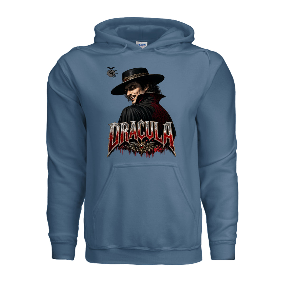 Count Dracula Halloween hoodie featuring fangs and an evil eye graphic