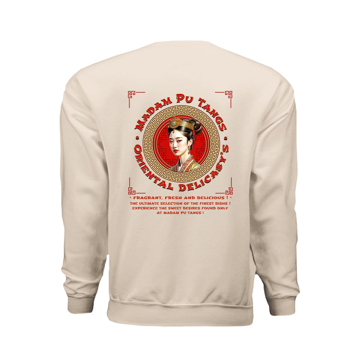  Madam Pu Tang’s sweatshirt with a red-and-gold portrait graphic and restaurant-style lettering.