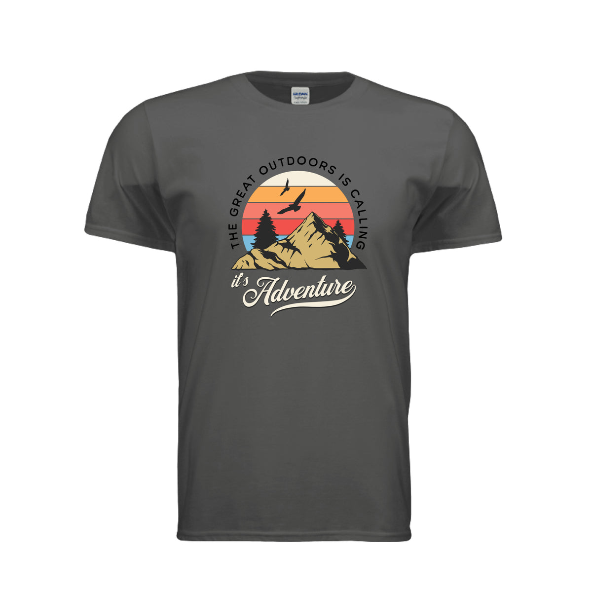 Outdoors Calling adventure tee in charcoal, front view with retro sunset mountain graphic