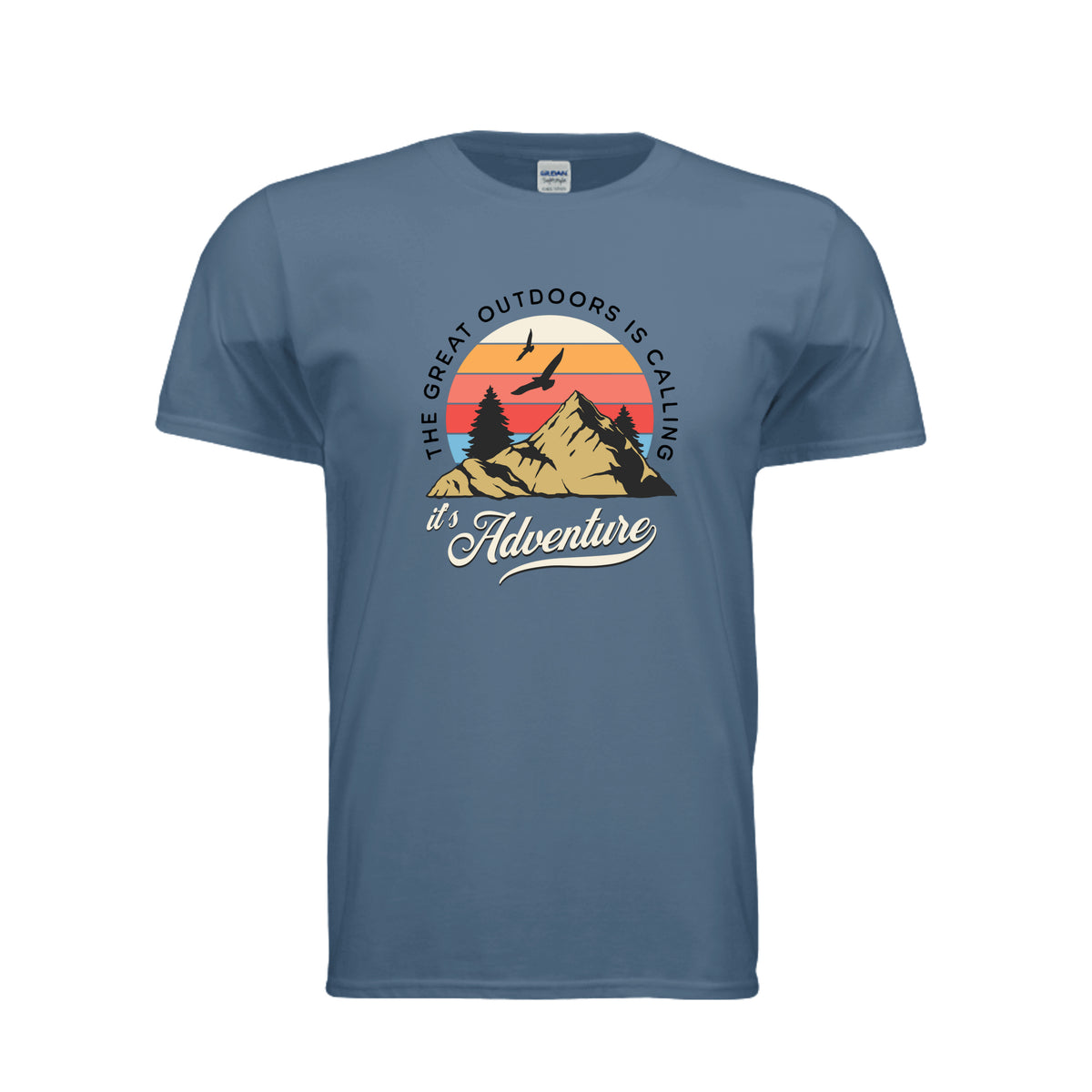 Outdoors Calling adventure tee in indigo blue, front view with "It's Adventure" script graphic