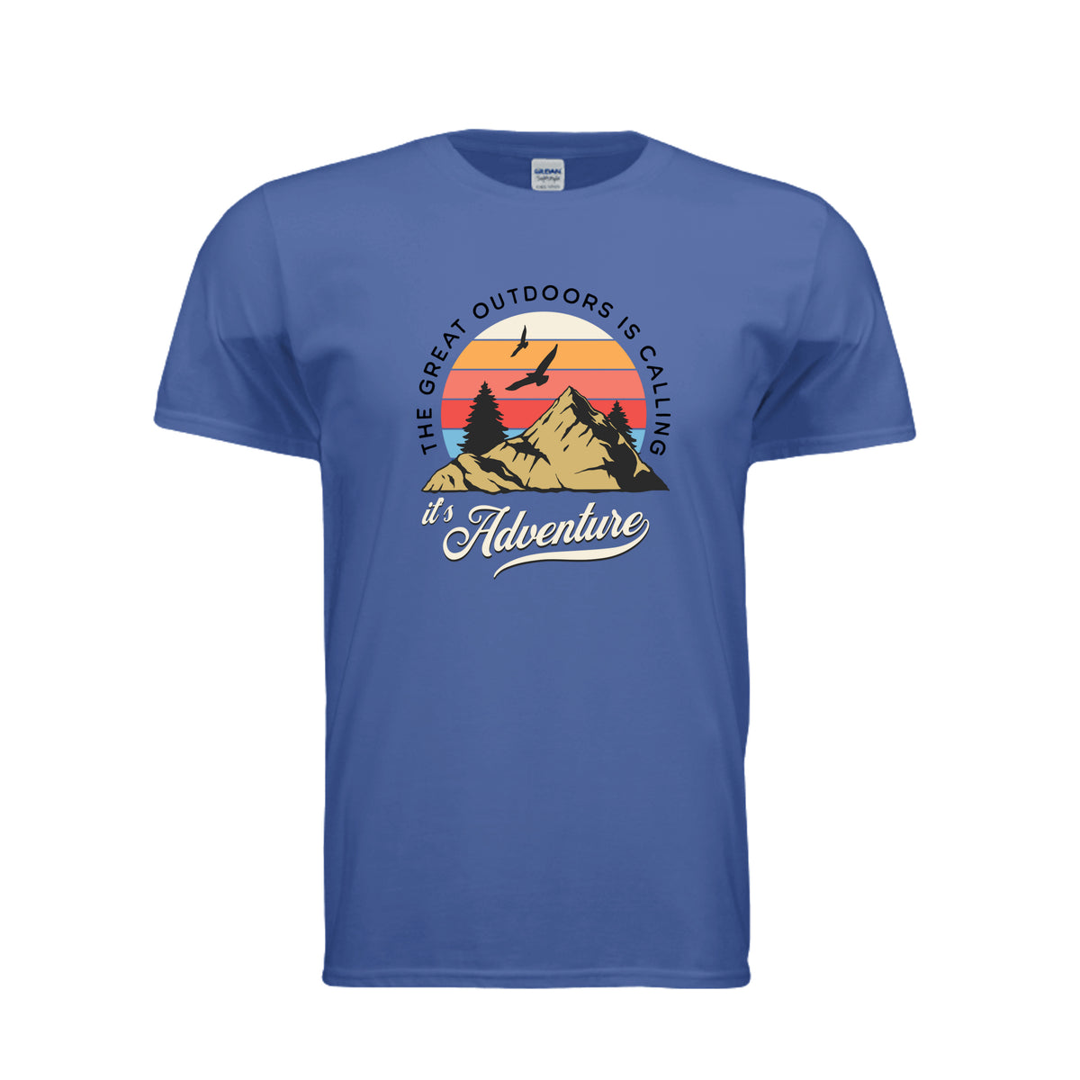 Outdoors Calling adventure tee in metro blue, front view with retro sunset mountain graphic