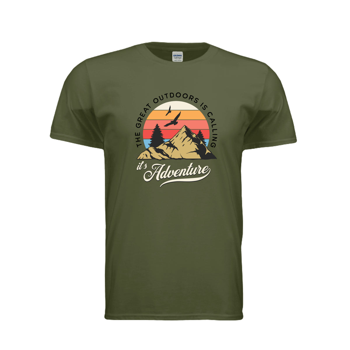 Outdoors Calling adventure tee in military green, front view with "It's Adventure" script graphic