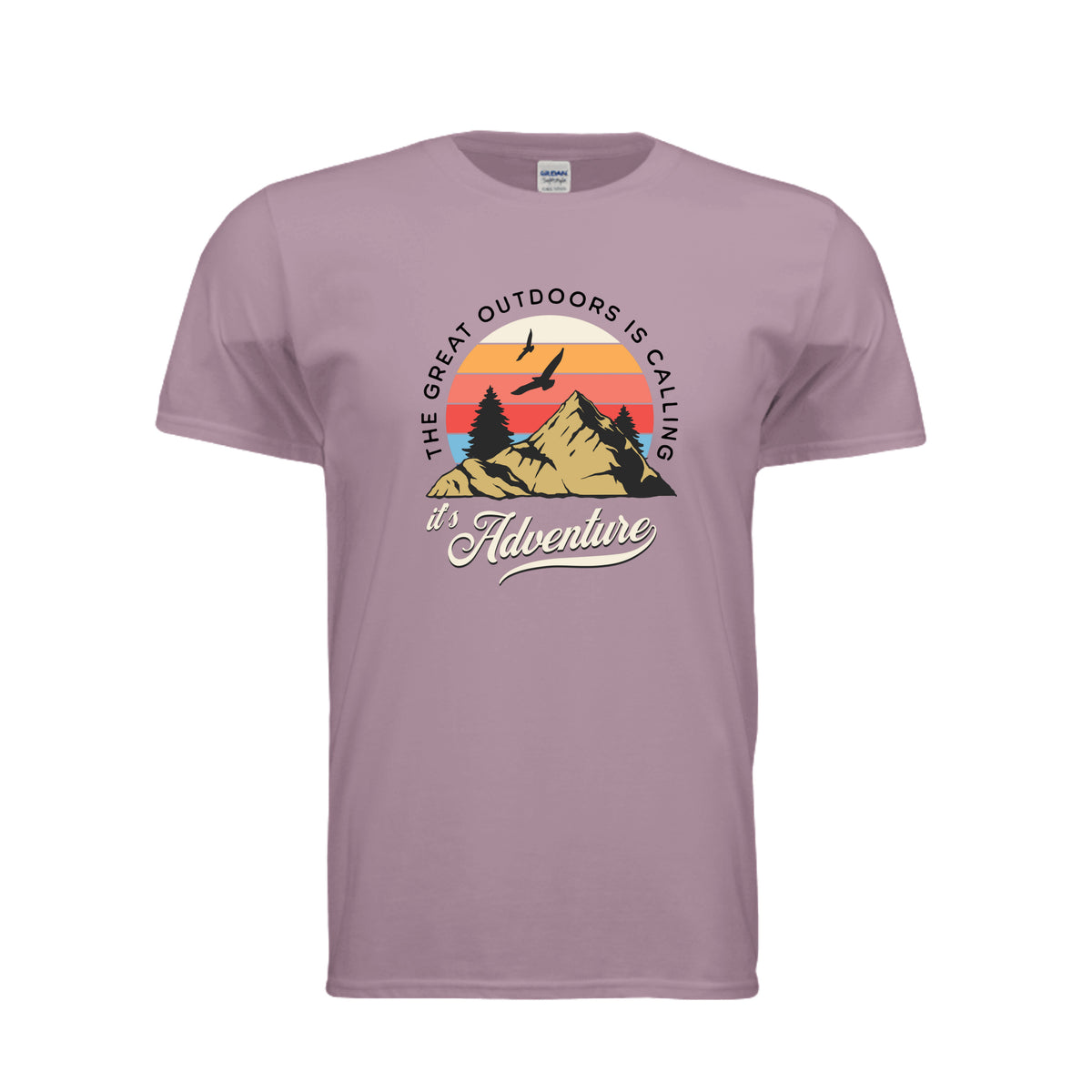 Outdoors Calling adventure tee in paragon, front view with retro sunset mountain graphic