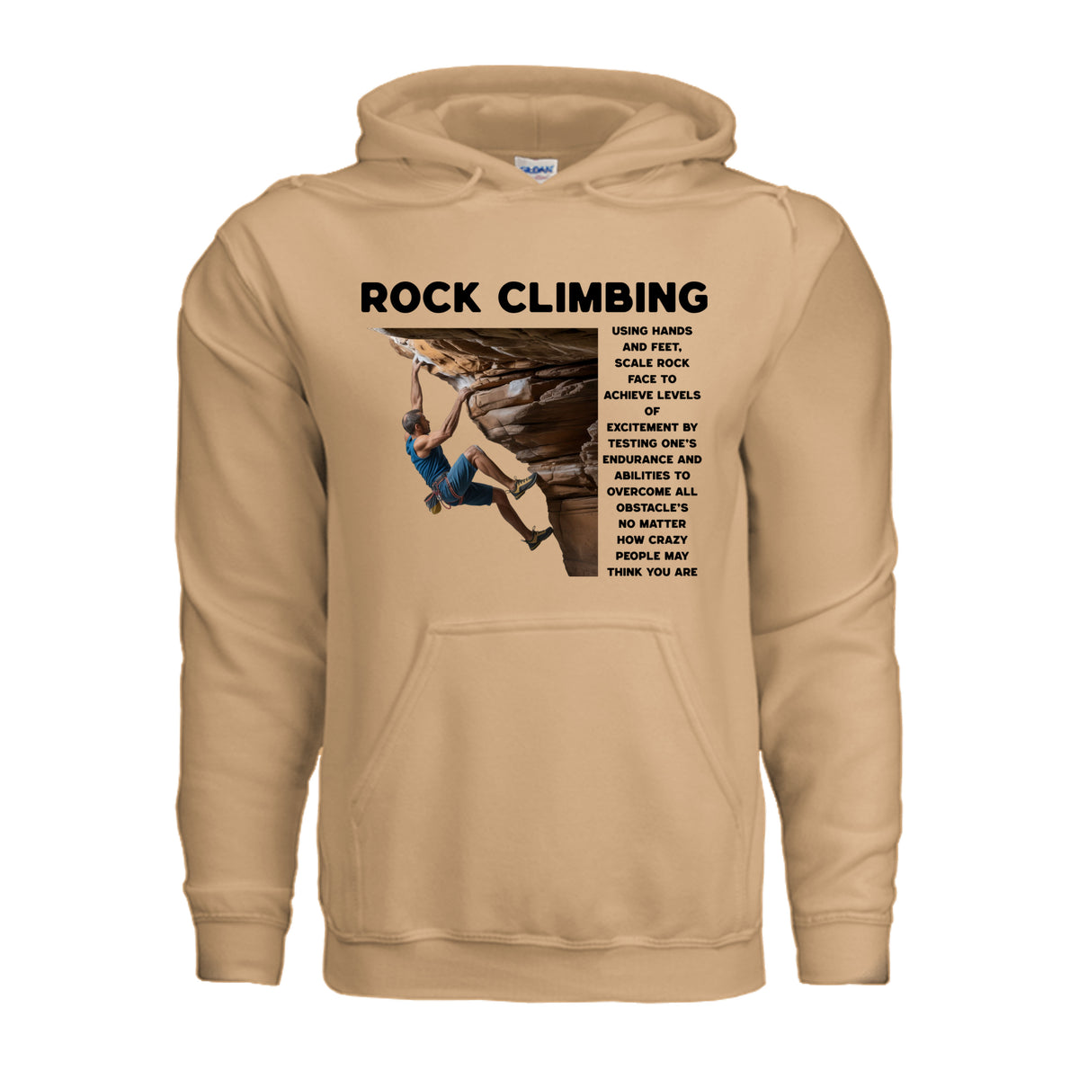 Rock Climber outdoor adventure hoodie in old gold, front view with Rock Climbing definition graphic