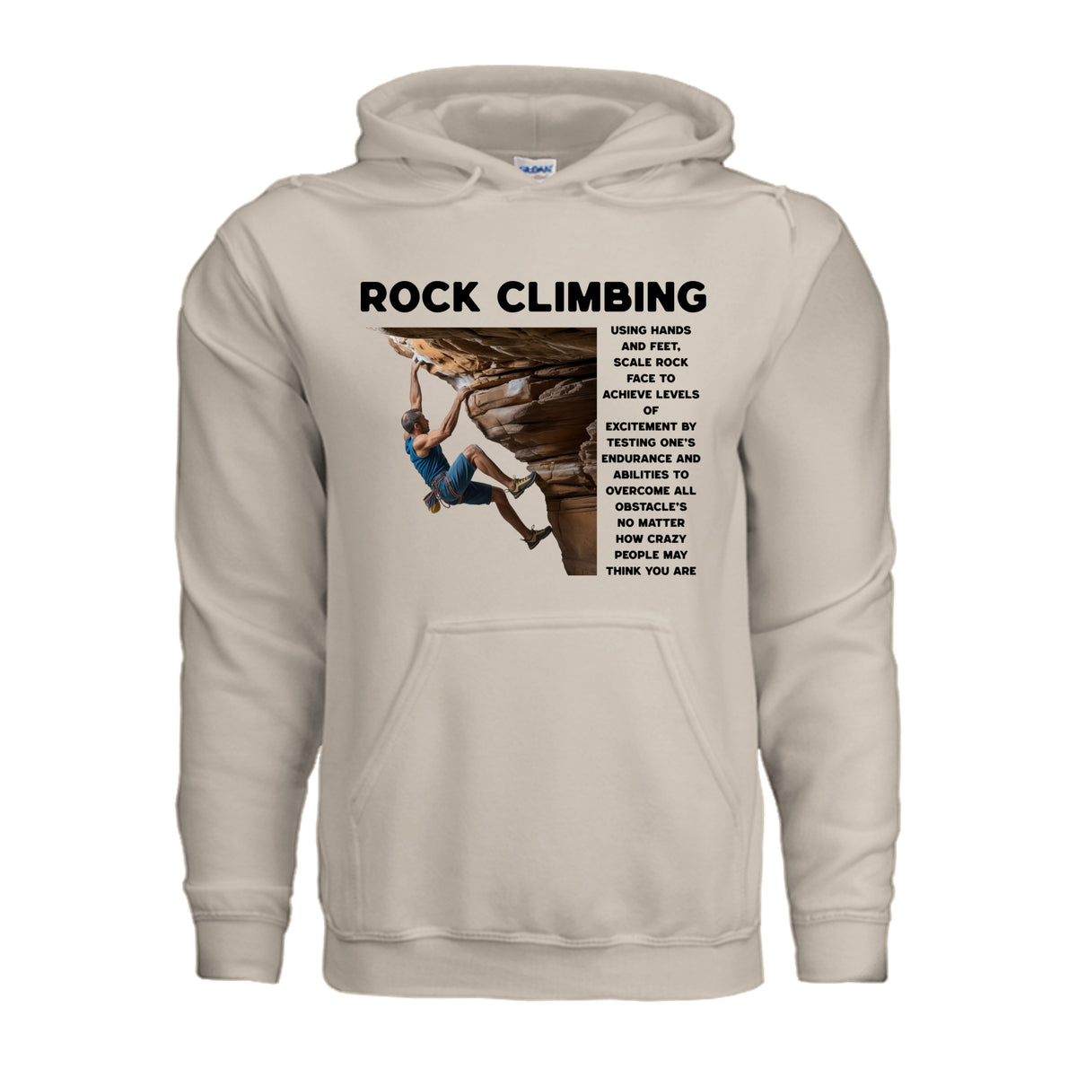 Rock Climber outdoor adventure hoodie in sand, front view with climber and definition text graphic