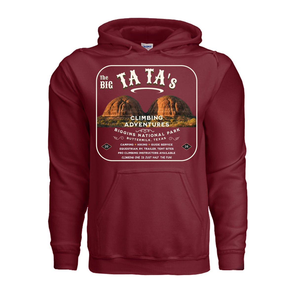 The Big Ta Ta's Rock Climbing Adventures hoodie in garnet, front view with twin-peaks graphic