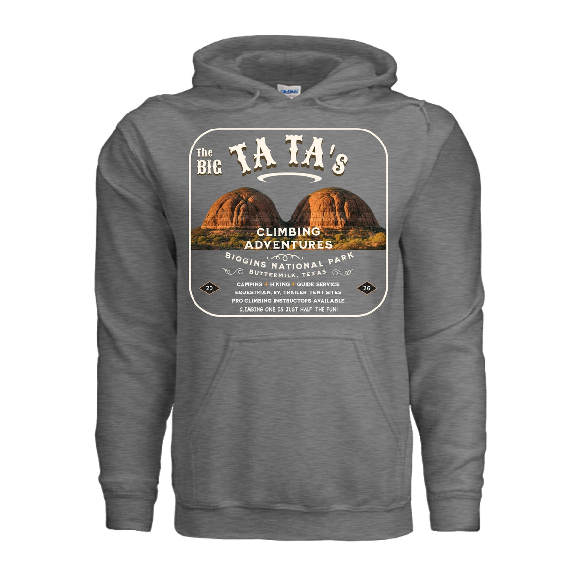 The Big Ta Ta's Rock Climbing Adventures hoodie in graphite heather, front view with Biggins National Park graphic