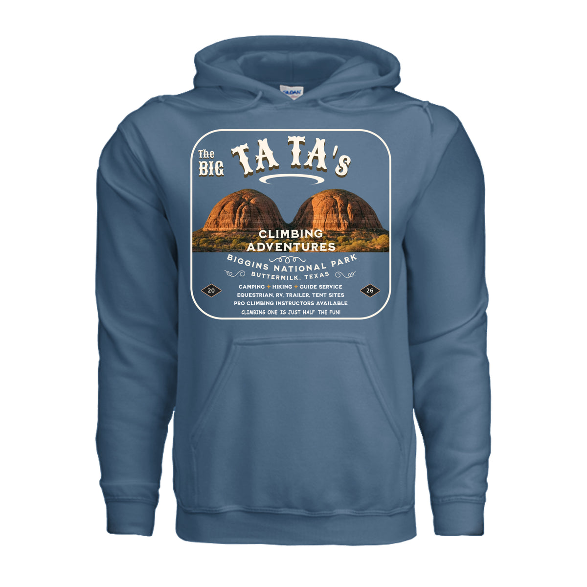 The Big Ta Ta's Rock Climbing Adventures hoodie in indigo blue, front view with twin-peaks climbing graphic