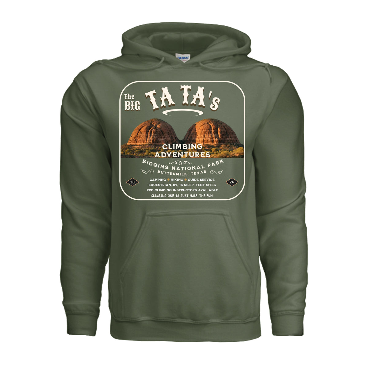 The Big Ta Ta's Rock Climbing Adventures hoodie in indigo blue, front view with twin-peaks climbing graphic