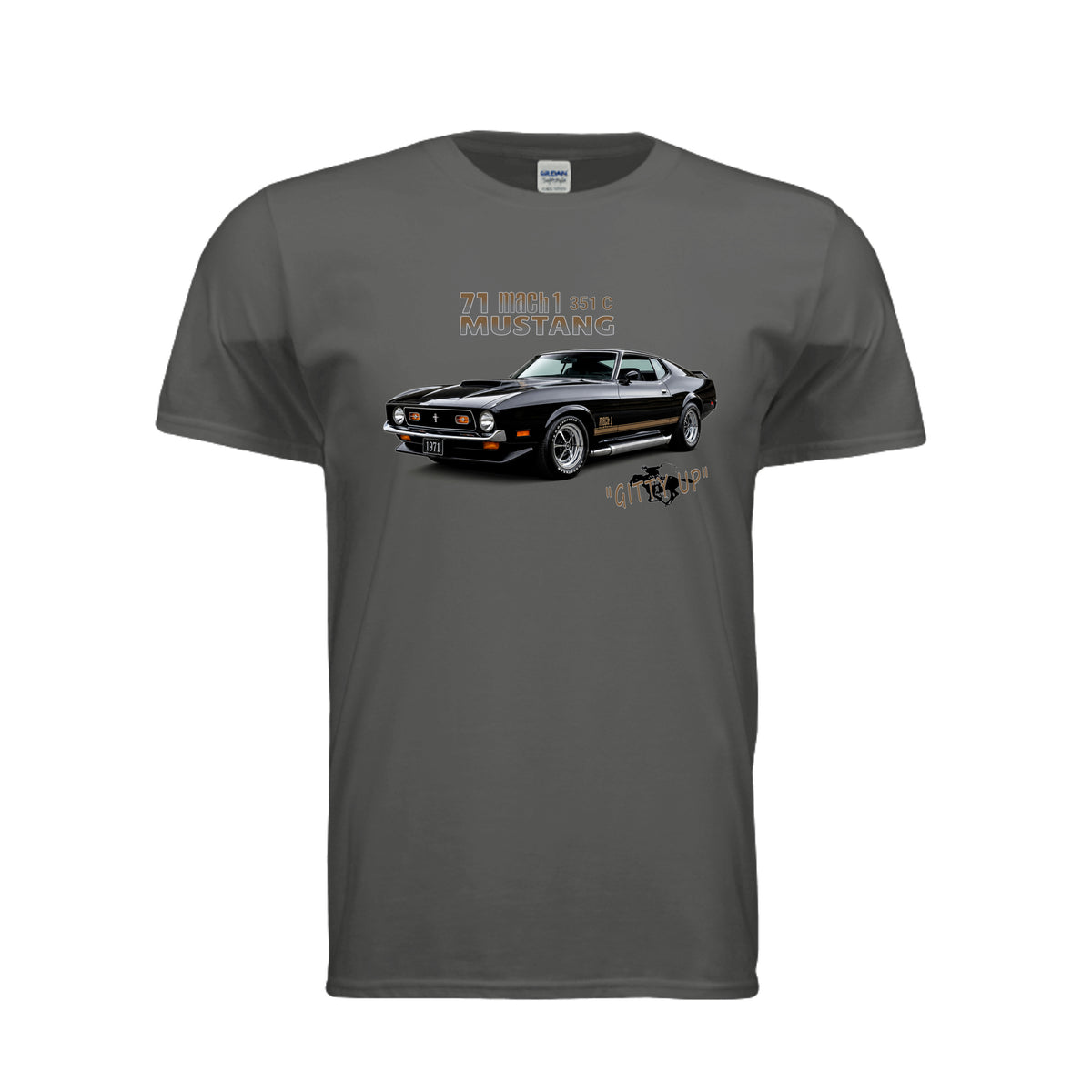 Charcoal T-shirt featuring a black 1971 Mustang Mach 1 muscle car graphic and Mustang lettering