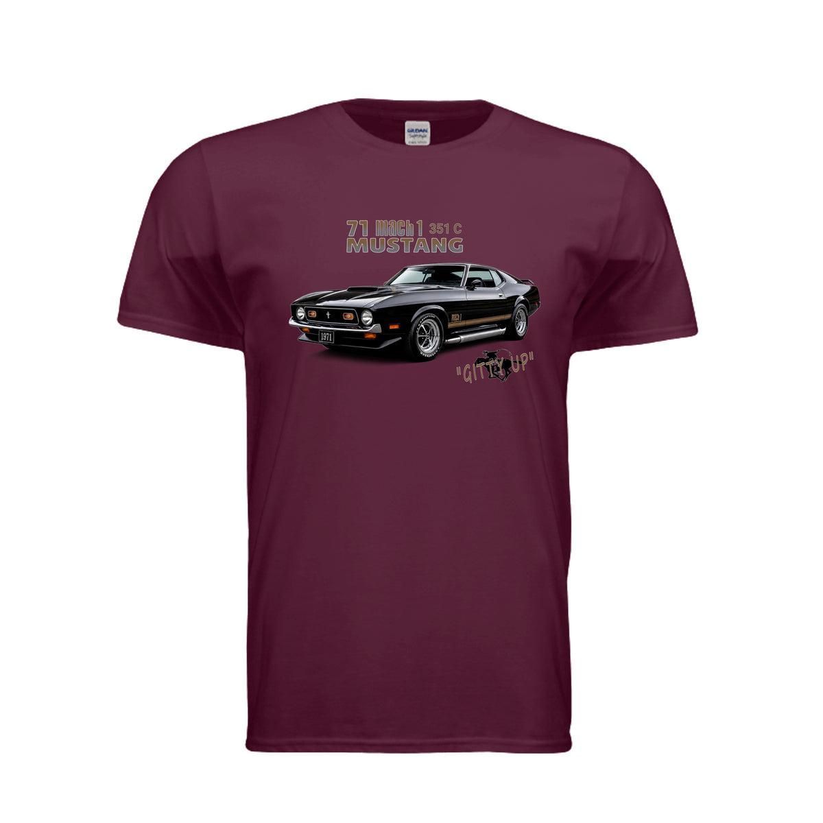 Maroon T-shirt featuring a black 1971 Mustang Mach 1 muscle car graphic and Mustang lettering