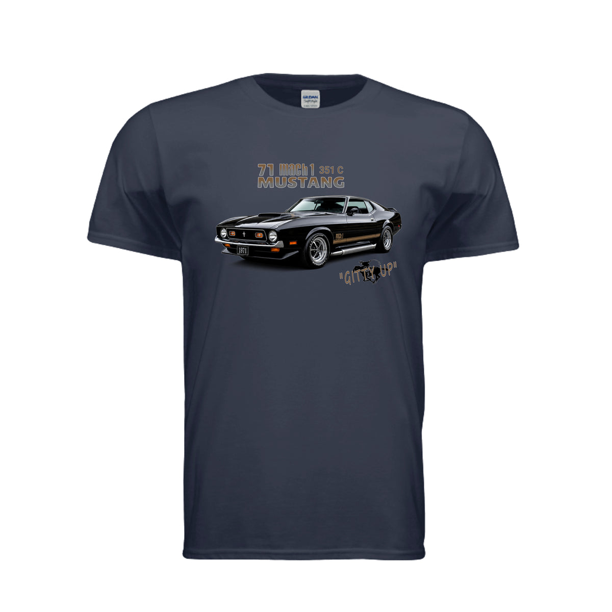 Navy Blue T-shirt featuring a black 1971 Mustang Mach 1 muscle car graphic and Mustang lettering