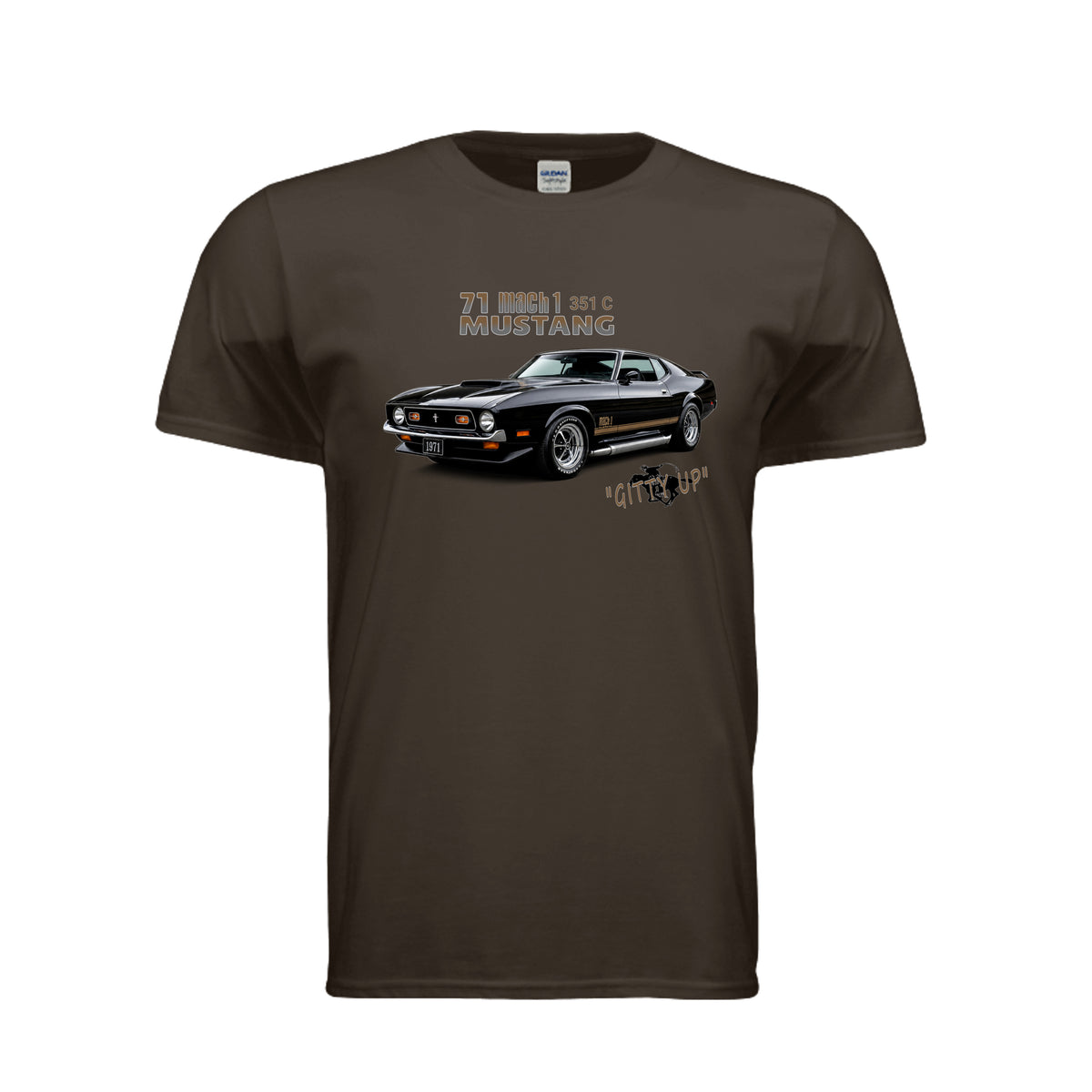 Dark Chocolate T-shirt featuring a black 1971 Mustang Mach 1 muscle car graphic and Mustang lettering