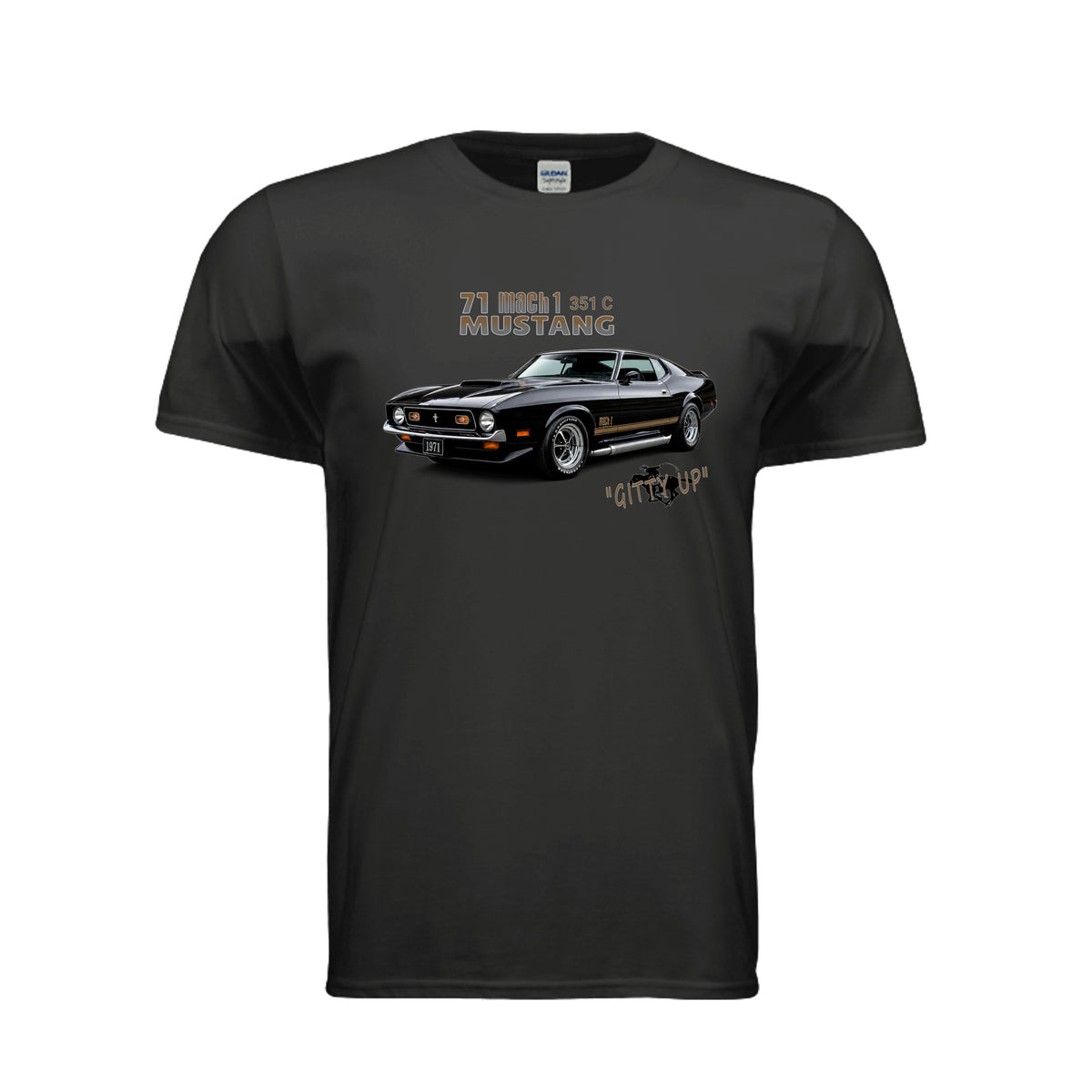 Black T-shirt featuring a black 1971 Mustang Mach 1 muscle car graphic and Mustang lettering